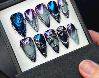 3D Herzform Metalic Chrom Drücken Sie auf die Nägel | Chrom-Nägel. Mandelform