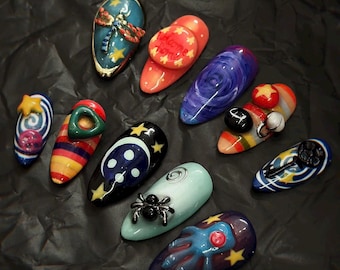 Set de uñas 3D de alienígenas cósmicos / Uñas espaciales galácticas / Arte extraterrestre kawaii / Uñas postizas pintadas a mano / Diseño celestial original