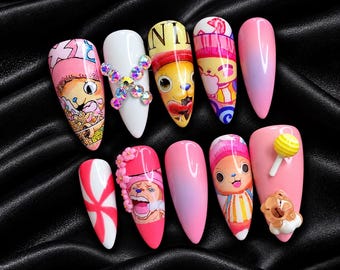 Anime Press On Nails | Pink Character Stiletto | Japanese Style Reusable Glue Nails Gift for her