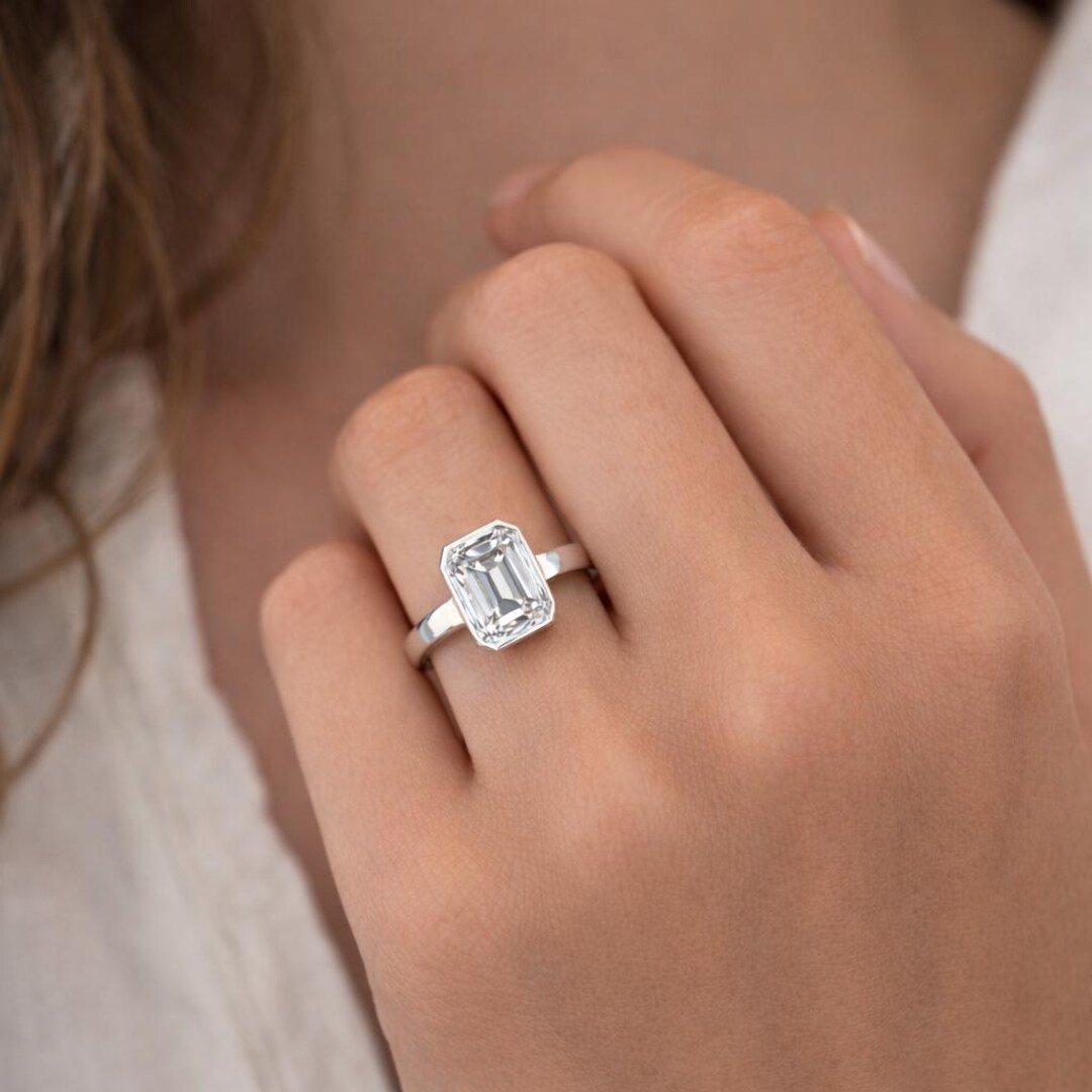 Emerald Cut Lab Diamond Bezel Set Ring | 14K Gold Solitaire Engagement ...