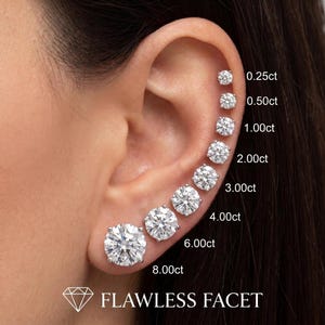 May include: A series of seven round, clear, faceted stud earrings arranged in a vertical line along the earlobe and cartilage, labeled with sizes ranging from 0.25ct to 8.00ct, with the text FLAWLESS FACET and a diamond icon at the bottom.