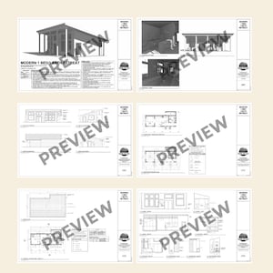 May include: A collection of architectural blueprints for a modern one-bedroom, one-bath retreat. The drawings include exterior and interior views, floor plans, and elevations. The text "MODERN 1 BED/1 BATH RETREAT" is visible on the top left of each blueprint.