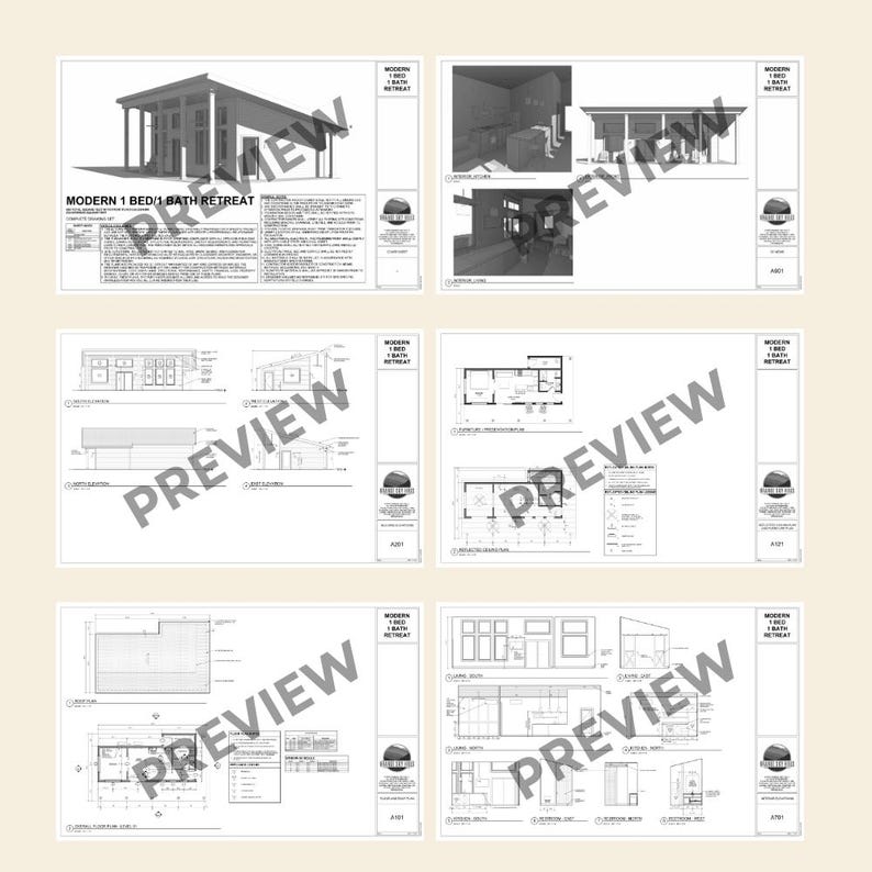 May include: A collection of architectural blueprints for a modern one-bedroom, one-bath retreat. The drawings include exterior and interior views, floor plans, and elevations. The text "MODERN 1 BED/1 BATH RETREAT" is visible on the top left of each blueprint.