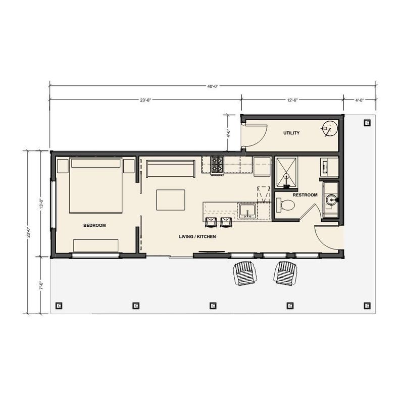 May include: A detailed architectural floor plan of a tiny house, featuring a bedroom, living/kitchen area, utility room, and restroom. The overall dimensions are 40 feet by 20 feet, with specific room measurements labeled in feet and inches. Two chairs are placed outside.