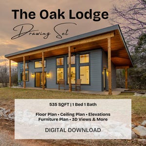 Può includere: Immagine di una casa moderna con il testo "The Oak Lodge Drawing Set". La casa ha un esterno grigio, travi in legno e ampie finestre. Il testo include anche "535 SQFT | 1 Bed 1 Bath" e "DIGITAL DOWNLOAD".