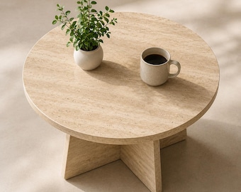 Travertine Coffee Table | Modern Round Side Table | Minimal Japandi Accent Table for Living Room or Bedroom