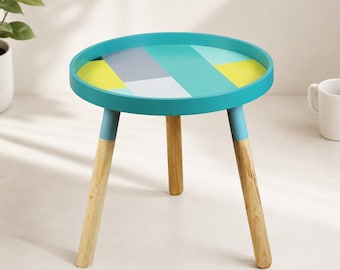 Nordic Small Round Coffee Table Low, Narrow Japandi Mini Bedside Table, Solid Wood, Blue Matte Finish | Compact Home Furniture Gift