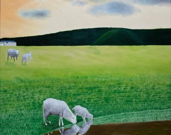 Original Sheep Landscape Painting – 36" x 40" – Oil & Acrylic on Canvas