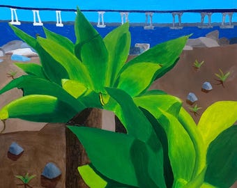 Succulent Painting, Coastal Landscape Wall Art, Original Botanical Water Painting, 16x20 Handmade Artwork