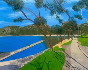 Original Lake Landscape Painting | Blue Water, Mountain View, Eucalyptus Trees, California Nature Wall Art