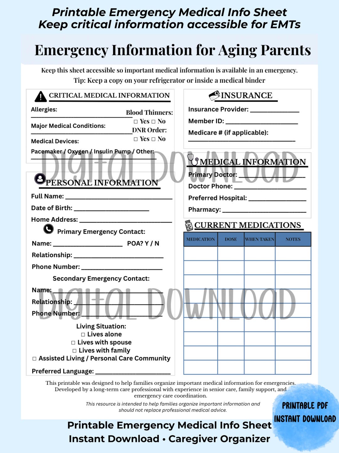 Emergency Medical Information Sheet for Aging Parents | Caregiver ...
