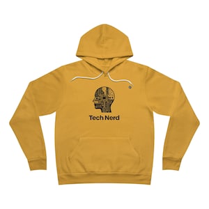 May include: Mustard yellow hoodie with a hood and a front pocket. The hoodie features a black graphic of a head with circuit board designs and the text "Tech Nerd" below it. The hoodie has white drawstrings.