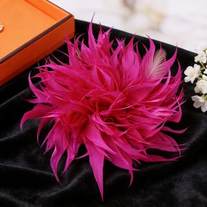 Könnte beinhalten: Eine leuchtend pinkfarbene Federblume, möglicherweise ein Haarschmuck oder eine Brosche, liegt auf einer schwarzen Samtoberfläche. Die Blume besteht aus geschichteten Federn, mit einer einzelnen weißen Feder als Akzent. Eine orangefarbene Schachtel ist teilweise sichtbar.
