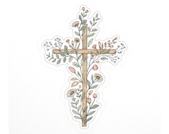 Wildflower Cross Sticker, Botanical Christian Decal - Floral Faith Waterproof Laptop Water Bottle