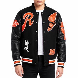 Runtz Varsity-jacka, Svart Letterman-jacka med läderärm, Streetwear Graphic Bomber, Orange och svart lapptäckskappa, Herryttare