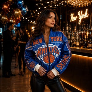 New York Knicks Women's Bomber Jacket, Blue Leather Basketball Jacket, Karl Anthony Towns Custom number 32 Style Jacket , Gift for NY Fan