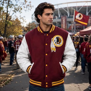 Washington Redskins fotbolls-varsityjacka, vinröd ull- och läderjacka med Letterman-motiv, vintage-fotbollslagsjacka, unisex college-varsityjacka