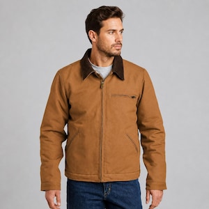 May include: A brown work jacket with a dark brown corduroy collar. The jacket has a zipper closure, two front pockets, and a small zippered chest pocket. The model is wearing a gray t-shirt and blue jeans.