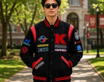 Kavinsky Reborn Varsity Jacket | Black and Red Letterman Bomber Jacket | Retro Synthwave Streetwear | Cyberpunk Racing Jacket Embroidered