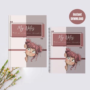 Puede incluir: Dos cuadernos con un diseño de cubierta en tonos malva y gris. Cada portada muestra el texto My Notes Fill me with your thoughts y la ilustración de un personaje con cabello rosa asomándose por el lateral. Uno es encuadernado y otro es de espiral.
