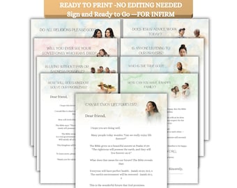 May include: A collection of nine religious tracts featuring watercolor backgrounds and photographic imagery. Each document contains printed text with titles such as Can We Enjoy Life Forever, Does Jesus Advice Work Today, and How Can You Have a Happy Family, along with the website JW.ORG.