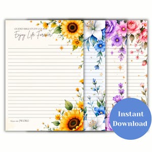 May include: A set of four lined stationery sheets featuring floral designs. The first sheet has sunflowers and the text "GUIDED BIBLE STUDY COURSE Enjoy Life Forever!" and "Please visit JW.ORG". Other sheets feature lilies, purple flowers, and roses.