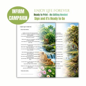 Könnte beinhalten: Eine druckbare Briefvorlage mit dem Titel ENJOY LIFE FOREVER, die eine Naturszene mit Wasserfall, einem Hirsch, einer Löwin mit Jungtier und einem Garten zeigt. Der Text enthält eine Nachricht, einen Bibelvers und die Website JW.ORG.
