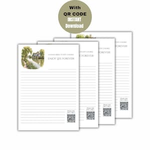 Może przedstawiać: Cztery białe arkusze papieru z akwarelową ilustracją budynku nad rzeką, liniami do pisania, tekstem "GUIDED BIBLE STUDY COURSE ENJOY LIFE FOREVER!", kodem QR oraz napisem "Please visit JW.ORG".