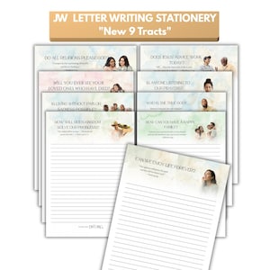 May include: A set of letter writing stationery featuring nine distinct designs with watercolor backgrounds, lined paper, and religious questions such as Can We Enjoy Life Forever? and How Will God's Kingdom Solve Our Problems? with JW.ORG branding.