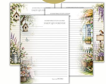 May include: Three sheets of lined stationery featuring garden-themed illustrations. Each page includes the text GUIDED BIBLE STUDY COURSE ENJOY LIFE FOREVER! and Please visit JW.ORG. The designs depict birdhouses, flowers, benches, and cottages.