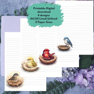 May include: Digital download of printable lined and unlined paper with bird illustrations. The paper comes in A4/US sizes and features four designs. The image includes the text "Printable-Digital download 4 designs A4/US Lined-Unlined 2 Paper Sizes."