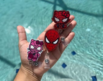Red & Pink Comic-Inspired Badge Reel | Retractable ID Holder | Belt + Alligator Clip | Nurses, Teachers, Students