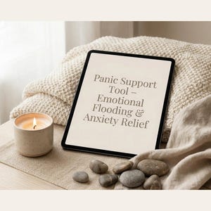 May include: A lit candle in a speckled ceramic holder sits next to a tablet displaying the text "Panic Support Tool - Emotional Flooding & Anxiety Relief." Smooth stones and a beige blanket complete the scene.