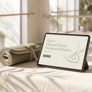May include: A tablet displaying the text Pack 1: Matwork Flow & Precision Mechanics and a line drawing of a person exercising, positioned next to a rolled olive green exercise mat with a matching strap on a light-coloured surface.