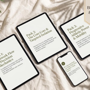 May include: Three tablets and one smartphone displaying digital workout guides. The screens show text including Pack 1: Matwork Flow & Precision Mechanics, Pack 2: The Core Core & Targeted Isolation, Pack 3: Progressive Athletic Power & Mobility.