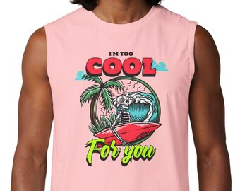 Camiseta sin mangas Too Cool For You / estampado retro de palmeras surfistas, camiseta retro de playa, hola verano, camiseta de calavera, surf