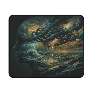 Może przedstawiać: Prostokątna podkładka pod mysz z artystyczną ilustracją ludzkiego profilu oraz wzorem burzliwego morza i krajobrazu chmur. Grafika przedstawia twarz łączącą się z falami oceanu, błyskawicami i deszczem, w odcieniach niebieskiego, złotego i ciemnoszarego.