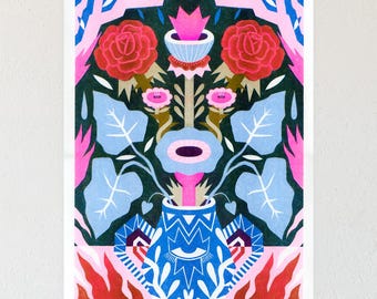 Floral Risograph Print "Blooms", Blue Gold Fluorescent Pink Botanical Art