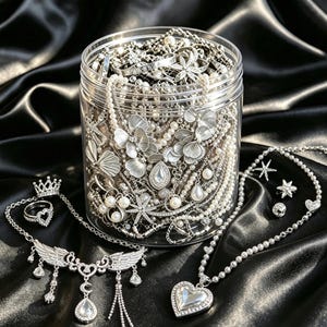 May include: A clear plastic jar filled with silver-toned jewelry, including necklaces with floral and star motifs, pearl strands, and chains. Outside the jar are a crown ring, a heart ring, a wing-themed necklace, and a heart-pendant necklace.
