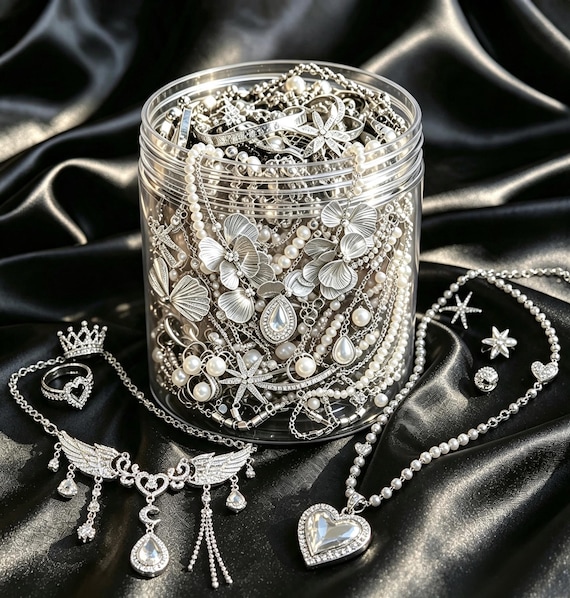 Y2K Silver Jewelry Mystery Jar, Silver Tone Surprise Jewelry Collection, Y2K Accessories, Random Jewelry Box, Trendy Jewelry Gift