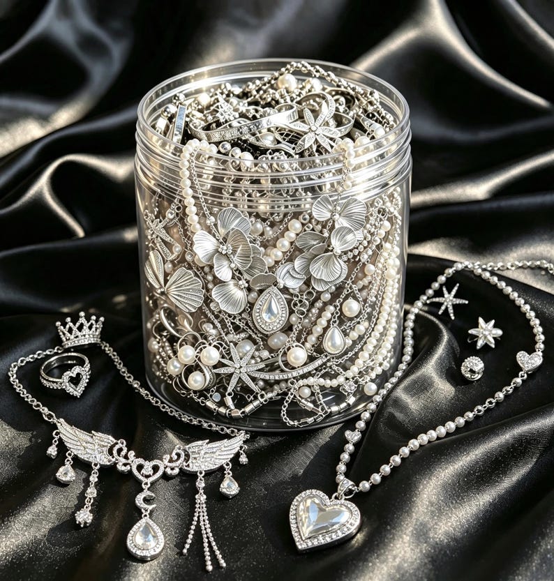 May include: A clear plastic jar filled with silver-toned jewelry, including necklaces with floral and star motifs, pearl strands, and chains. Outside the jar are a crown ring, a heart ring, a wing-themed necklace, and a heart-pendant necklace.