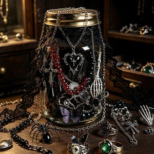 May include: A clear glass jar with a gold lid, wrapped in black lace, containing various silver-toned necklaces with heart, cross, and skeleton hand charms, red beads, and a purple butterfly. Several rings and a spider figurine sit nearby.