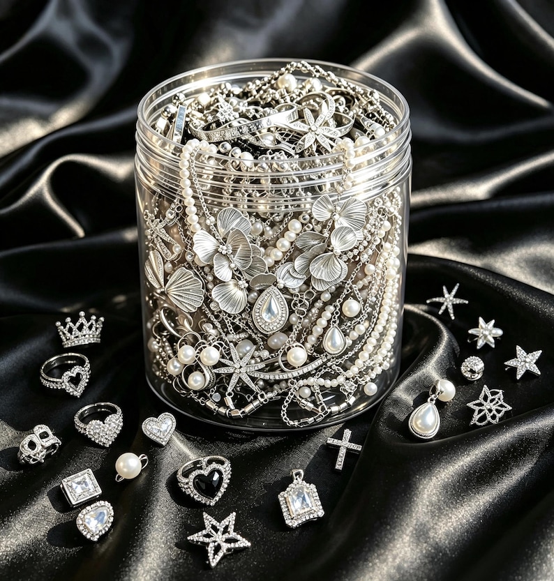 May include: A clear plastic jar filled with silver-toned jewelry, including necklaces with floral and teardrop pendants, pearl strands, and chains. Scattered around the jar are various silver rings, star-shaped charms, a cross, and pearl earrings.