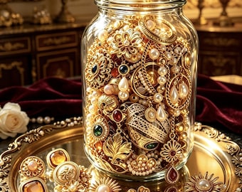 Frasco de joyería misterioso de inspiración vintage Elegante caja de regalo para joyas Accesorios seleccionados en tono dorado, perlas y camafeos Regalo sorpresa