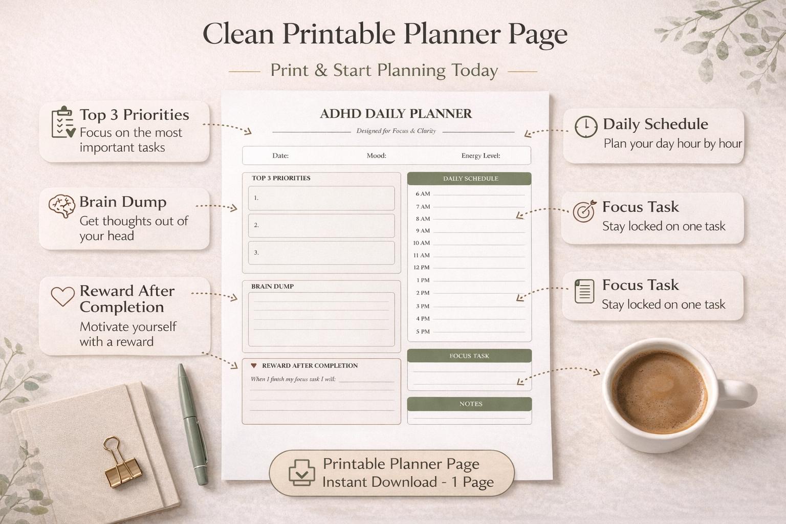 ADHD Daily Planner Printable Planner for ADHD Focus Planner Executive ...