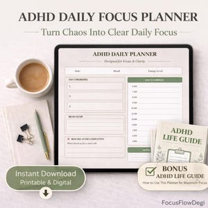 ADHD Daily Planner for Neurodivergent Adults — Shame-Free Focus and Routine System | Executive Function, Task List and Brain Dump | PDF