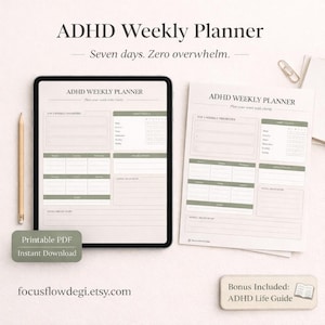 ADHD Weekly Planner Printable PDF, Weekly Template for ADHD, Focus Organizer, Executive Function System, Productivity Pages