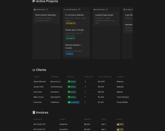 FreelanceHQ — Sistema operativo aziendale completo per freelancer per Notion, CRM clienti, pipeline di progetti, monitoraggio fatture, dashboard dei ricavi