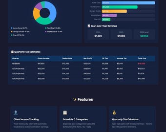 FreelanceFin — Foglio di calcolo per il monitoraggio delle entrate e delle spese dei freelance, calcolatore delle imposte per i lavoratori autonomi, modulo 1099 C, Google Sheets Excel