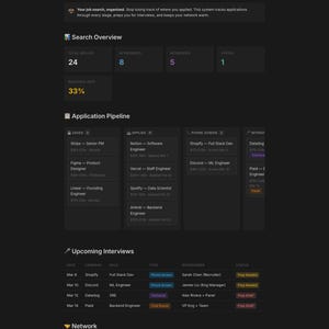 May include: A dark-themed job search tracker app interface. The app displays application tracking, interview scheduling, and networking features. Key sections include search overview, application pipeline, upcoming interviews, and a network section.